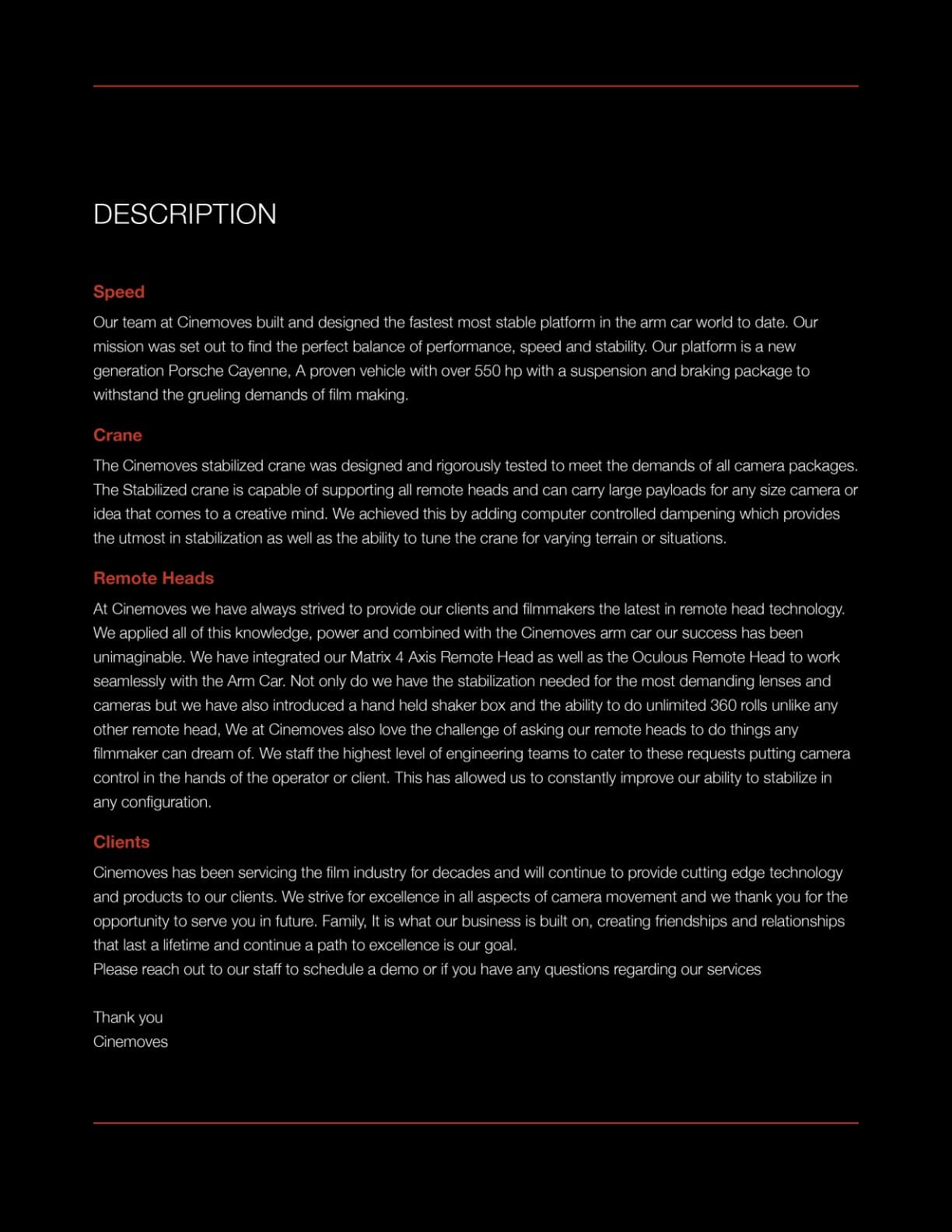 CineMoves Arm Car specifications 2