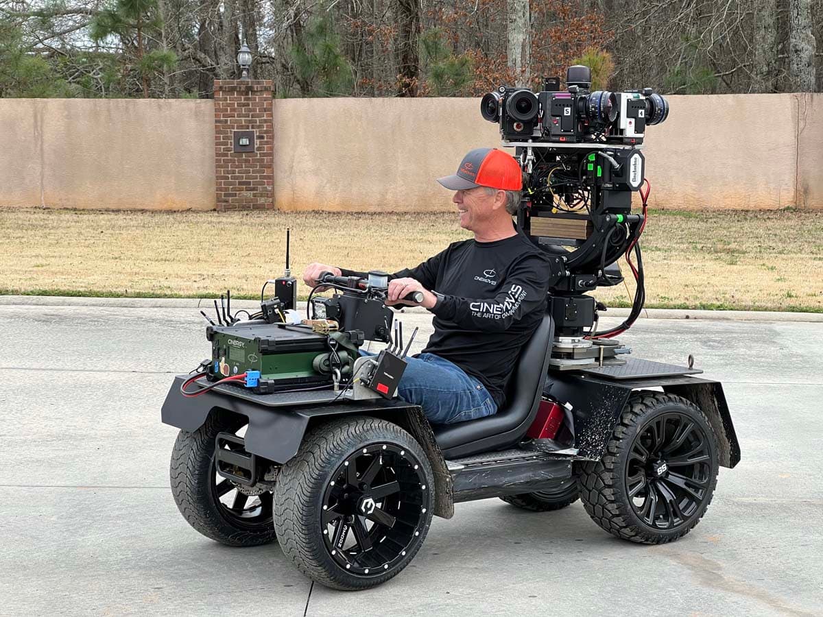 Mini Cinergy EV on driveway with camera rig