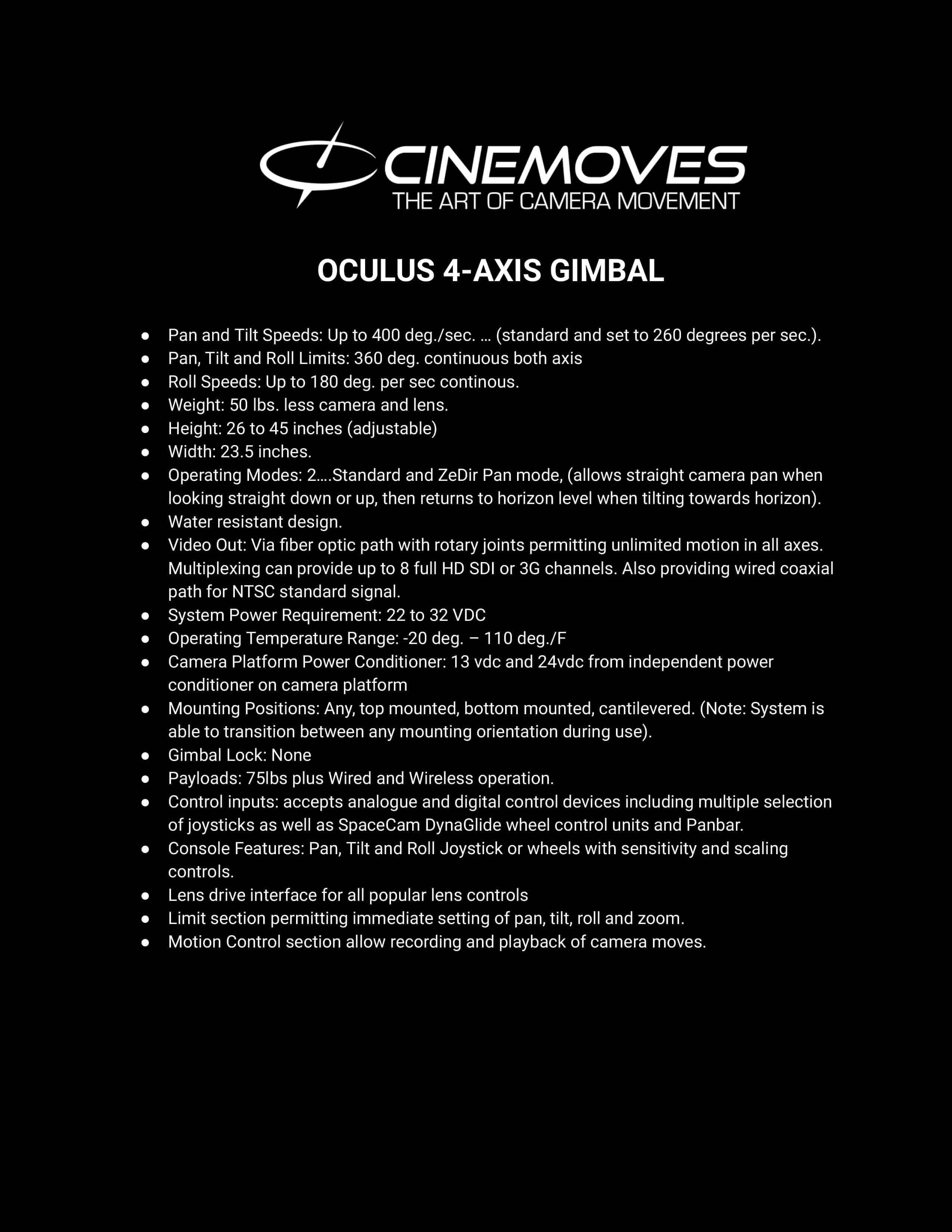 Oculus 4-Axis Gimbal specifications