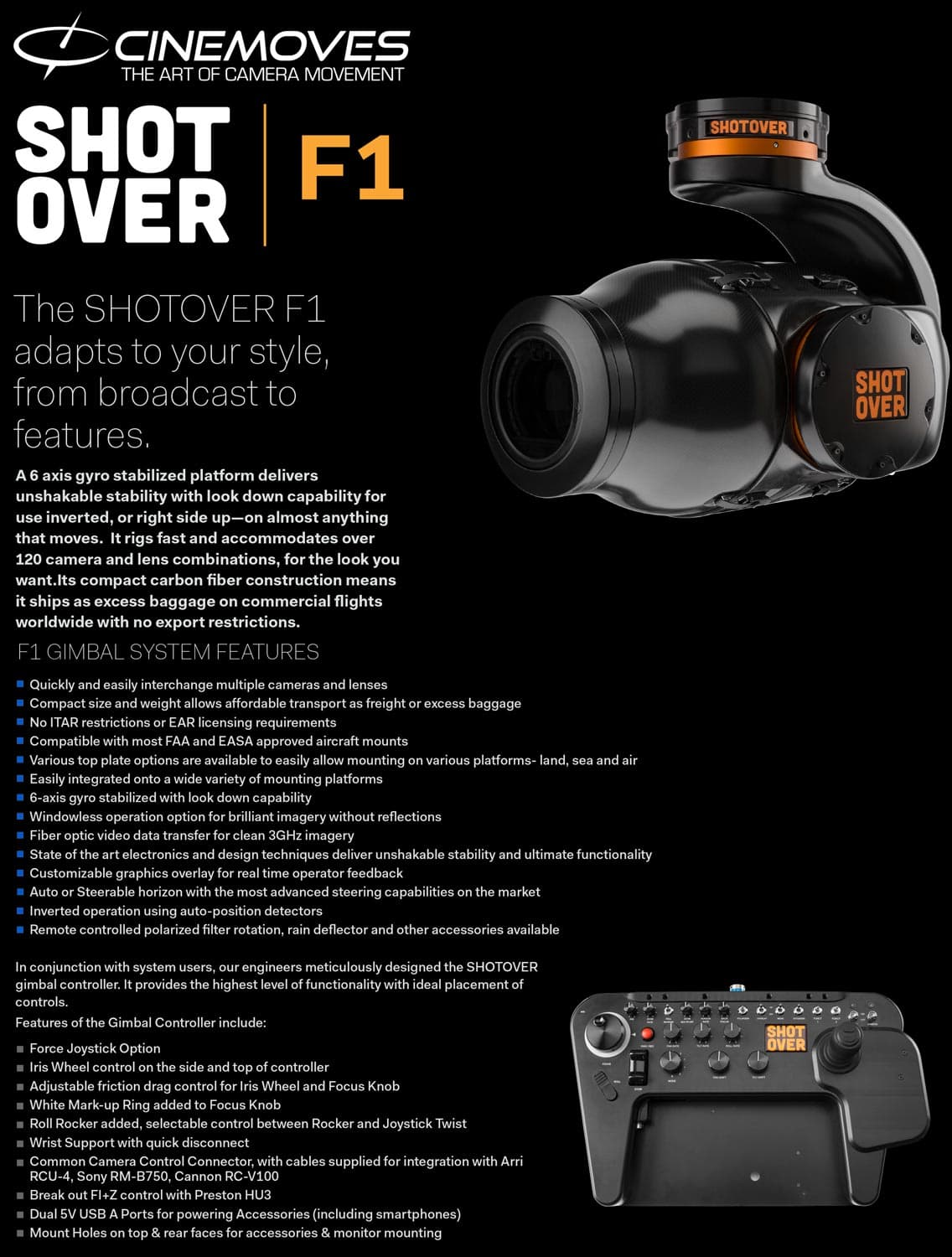 Shotover F1 gimbal system features, controller details, and F1 overview